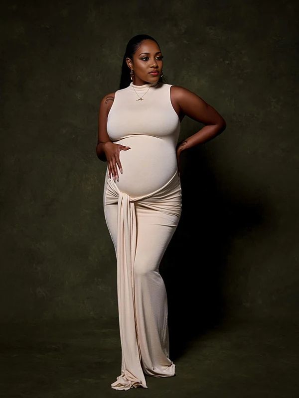 Momyknows Beige Ruched Wrap Draped High Neck Sleeveless Bodycon Chic Going Out Maternity Photoshoot Baby Shower Maxi Dress