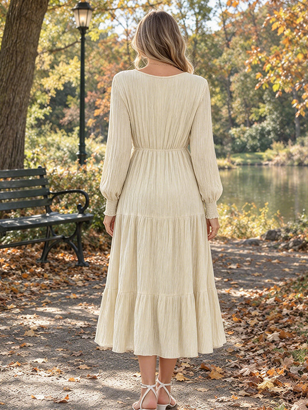 Apricot Maternity Midi Dress with Smocked Design and Lace Up Button Detail