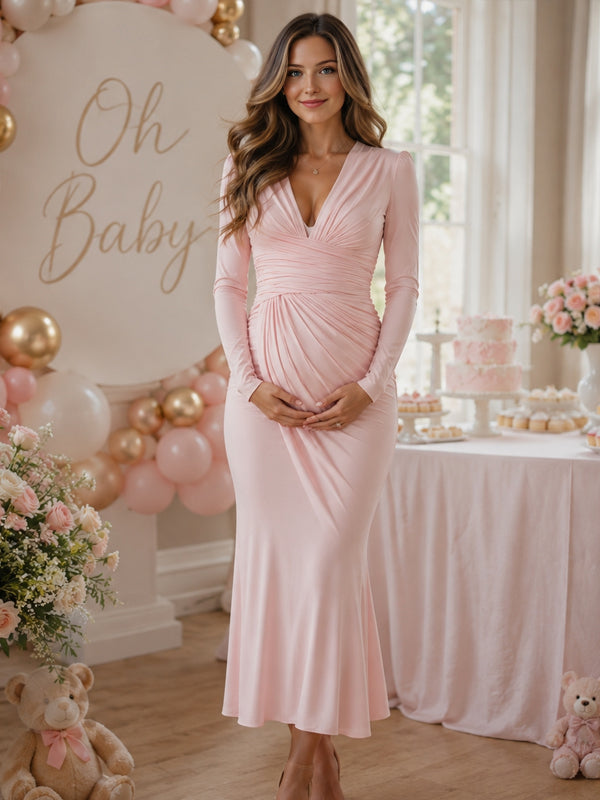 Pink Ruched Maternity Midi Dress with Deep V Design and Irregular Shape and Flattering Fit, Baby Shower Style