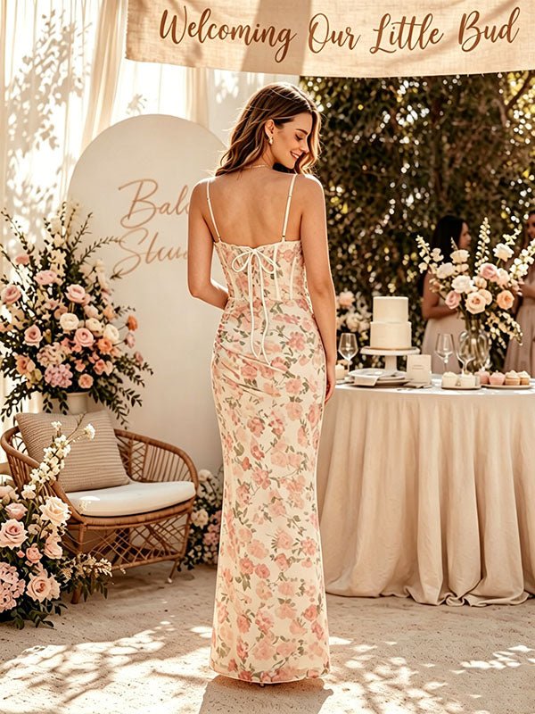 Momyknows Chic Floral Bodycon Backless Spaghetti Straps Ruched Maternity Baby Shower Maxi Dress, Pink / M