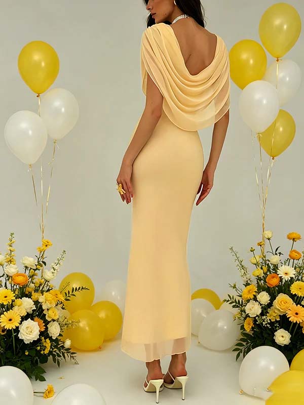 Momyknows Chic Yellow Bodycon Grenadine Ruched Backless Baby Shower Maternity Maxi Dress