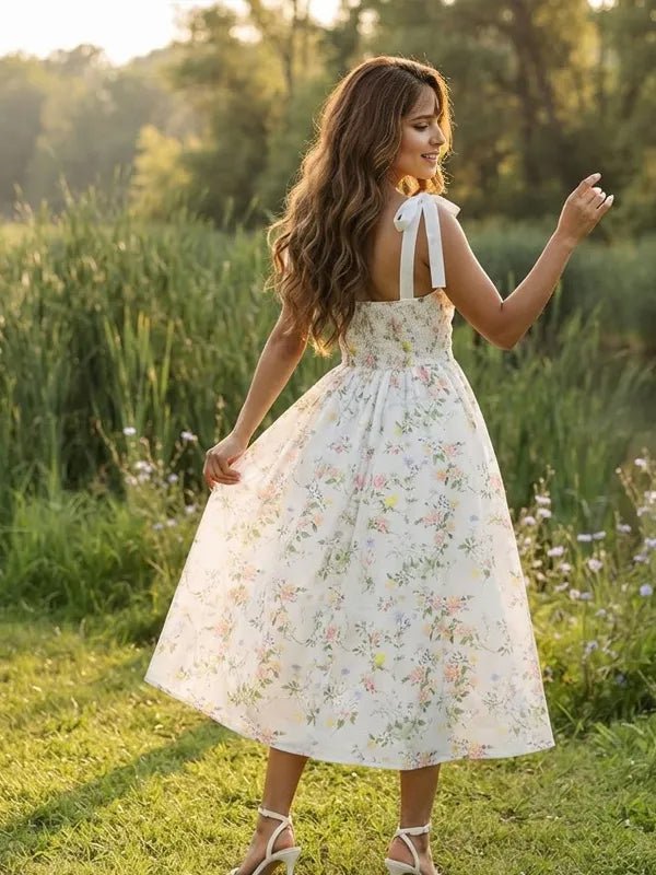 Momyknows White Smocked Spaghetti Strap Print Backless Maternity Photoshoot Midi Dress - White - 3