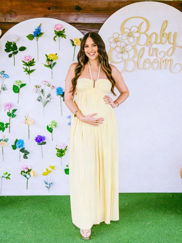 Momyknows Yellow Halter Neck Draped Hem Backless Lace Up Maternity Baby Shower Maxi Dress