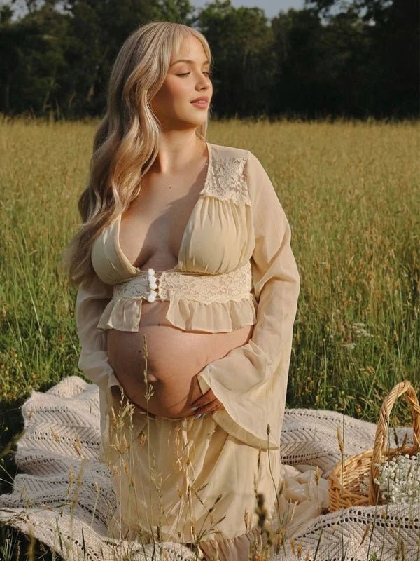 Momyknows Apricot Lace Ruffle Splicing Lace Up Button Two Piece Photoshoot Maternity Maxi Dress - Apricot - 1