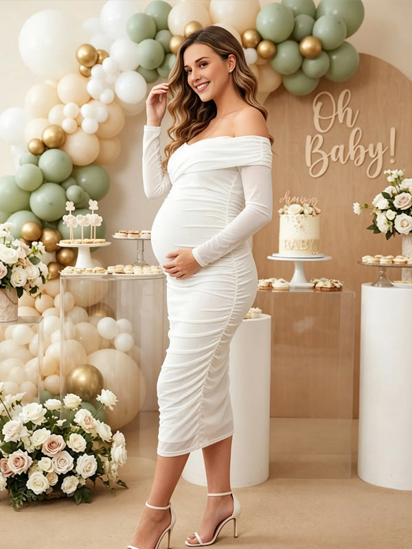 White Maternity Dress with Off-the-Shoulder Ruffles and Tulle Detailing and Form-Fitting Fit
