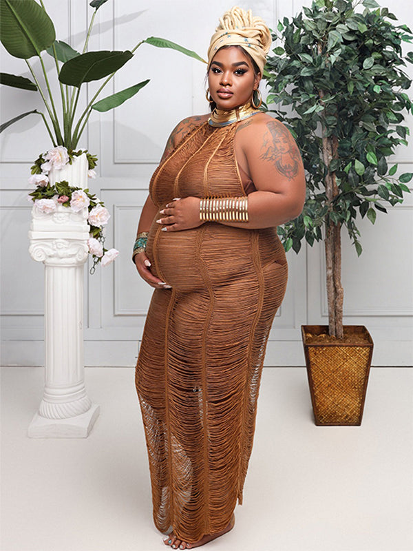 Momyknows Sheer Backless Tassel Crochet Halter Neck Sleeveless Beach Cover Ups Plus Size Photoshoot Maternity Maxi Dress
