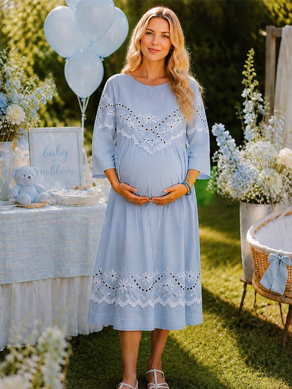 Momyknows Light Blue Knitwear Ruffle Floral Embroidery Maternity Baby Shower Midi Dress - Light Blue - 1