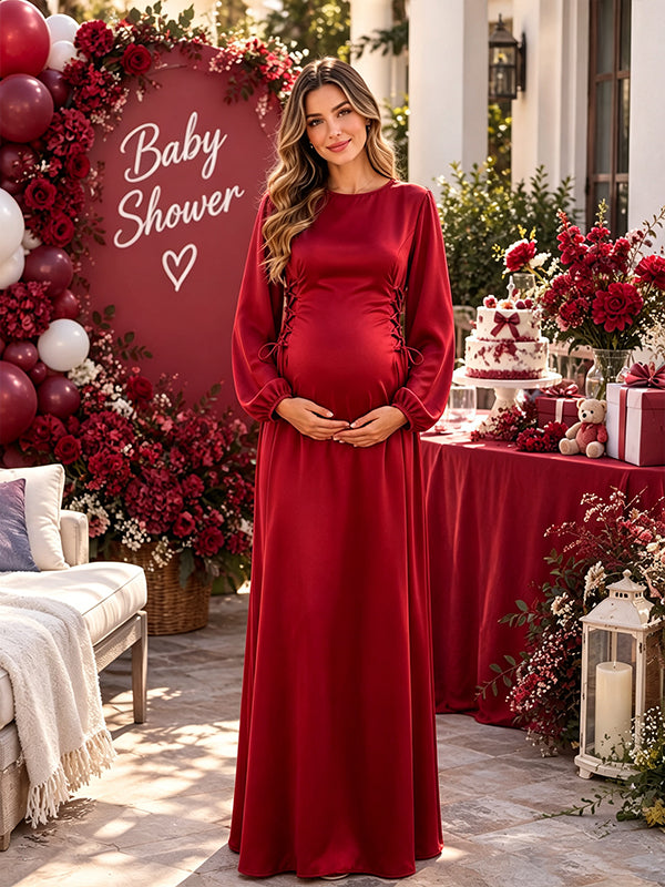 Red Maternity Maxi Dress with Lace Up Detail and Flattering Big Swing Design, Baby Shower Style