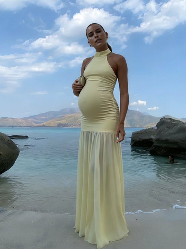 Momyknows Sheer Grenadine Backless Splicing Maternity Photoshoot Maxi Dress