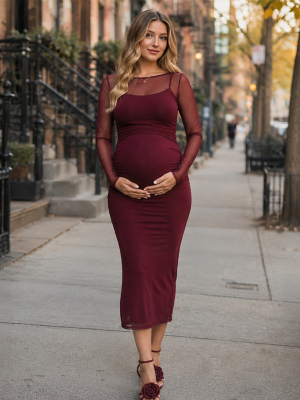 Red Sheer Two Piece Maternity Midi Dress with Spaghetti Straps and Fitted Silhouette, Photoshoot Occasion