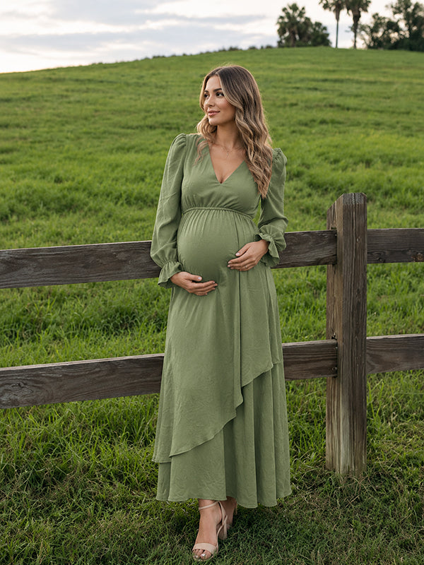 Beige Elegant Falbala Photoshoot Maternity Maxi Dress