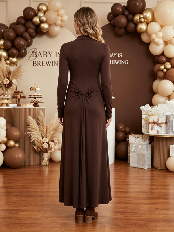 Brown Maternity Maxi Dress with Ruffle Details and Round Neck and Bodycon Silhouette