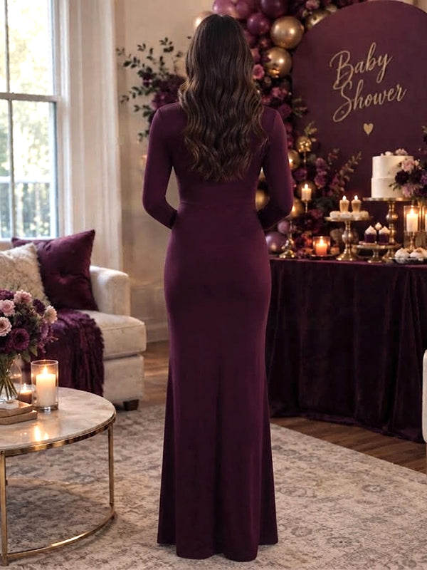 Red Elegant Ruched Maternity Maxi Dress with Ribbon Detail and Flattering Silhouette