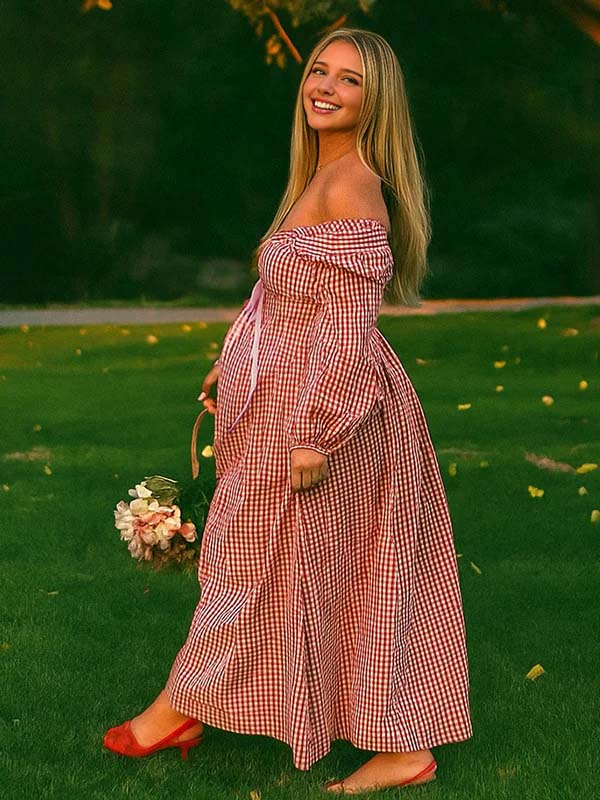 Momyknows Plaid Bow Off Shoulder Smocked A-line Boho Maternity Maxi Dress