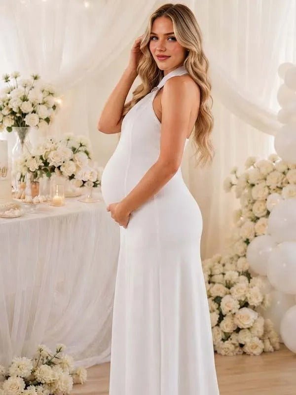 Momyknows White Halter Neck Ruffle Toggle Button Turtleneck Maternity Baby Shower Maxi Dress - White - 2
