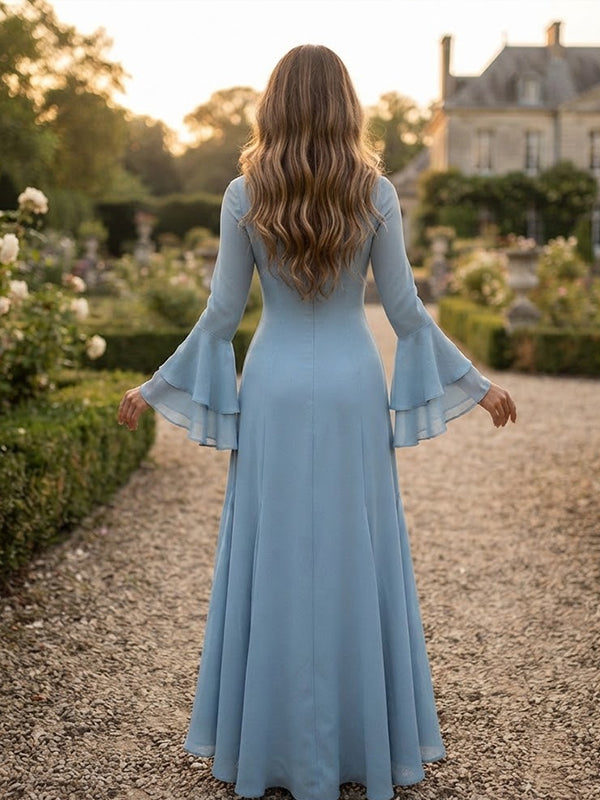 Blue Elegant Maternity Maxi Dress with Ruffle Detail and Flare Sleeves