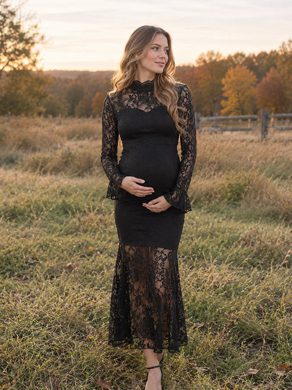Black Lace Maternity Maxi Dress with Trumpet Silhouette and Flare Sleeves, Photoshoot Occasion
