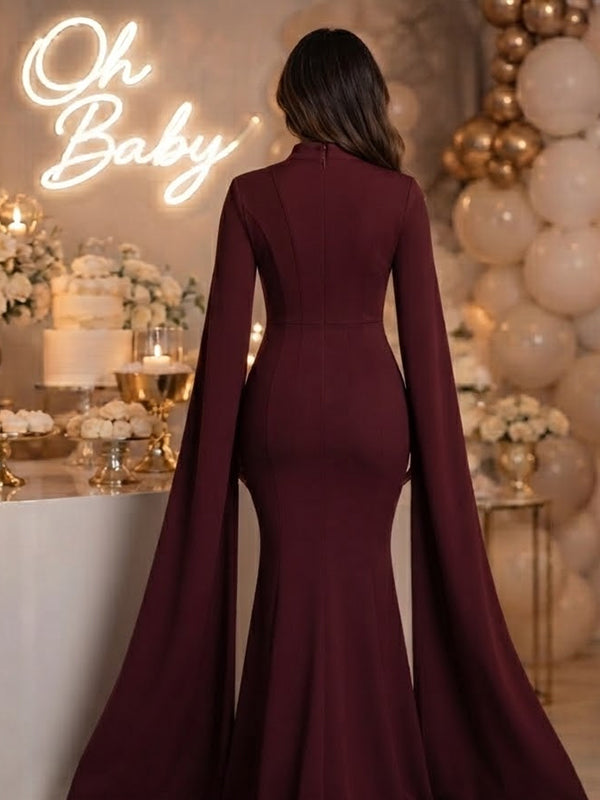 Red Cape Maternity Maxi Dress with Slit Sleeves and Elegant Silhouette