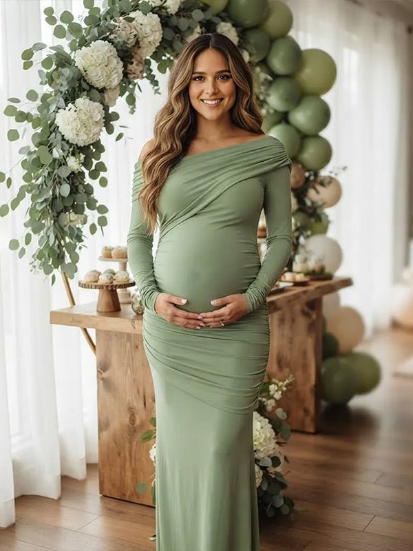 Momyknows Green Oblique Shoulder Ruched Side Slit Asymmetric Maternity Baby Shower Maxi Dress - Green - 1