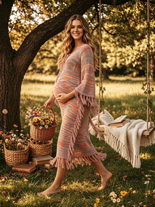 Pink Maternity Midi Dress with Ribbed Knit Texture and Tassel Details