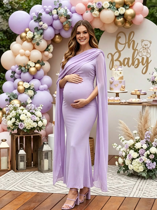 Purple Chiffon Maternity Dress with Cape Design and Ruffle Details and Fitted Silhouette, Baby Shower