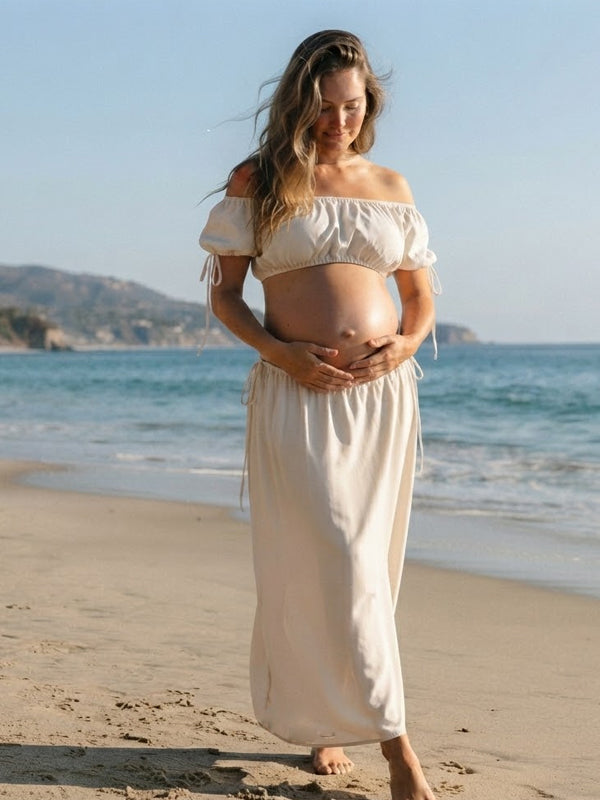 White Ruched Off Shoulder Maternity Maxi Dress with Bodycon Fit and Beach Photoshoot Style