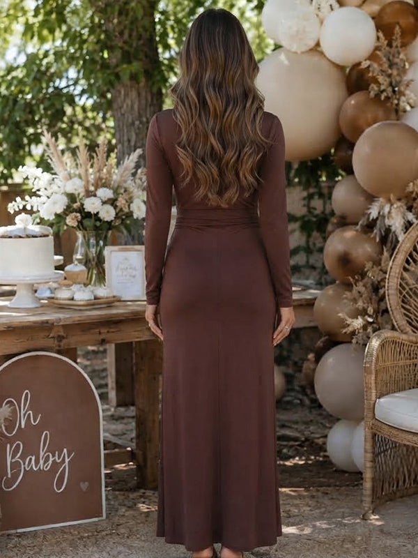 Brown Ruched Maternity Maxi Dress with Metal Clasp Detail and Elegant Fit