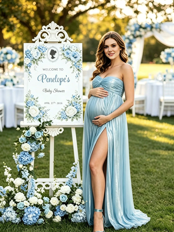 Momyknows Blue High Waisted Slit Cowl Maternity Babyshower Maxi Dress