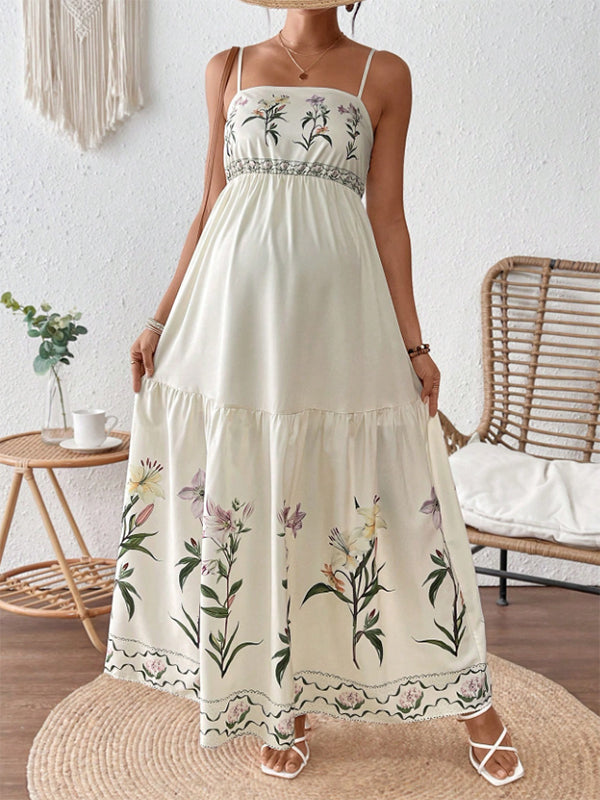 Momyknows Chic Boho Spaghetti Straps Backless A-Line Floral Vacation Maternity Maxi Dress Momyknows Chic Boho Spaghetti Straps Backless A-Line Floral Vacation Maternity Maxi Dress