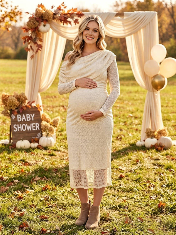 Apricot Plus Size Lace Maternity Dress with One-Shoulder Design and Elegant Fit, Baby Shower