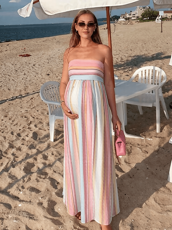 Momyknows Chic Pink Colorful Striped A-Line Flowy Bandeau Vacation Beach Maternity Maxi Dress - Pink - 2