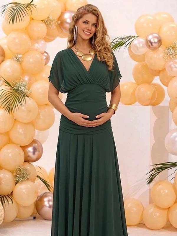 Momyknows Chic Grenadine Ruched Off Shoulder Flowy Baby Shower Maternity Maxi Dress, Dark Blue / XL