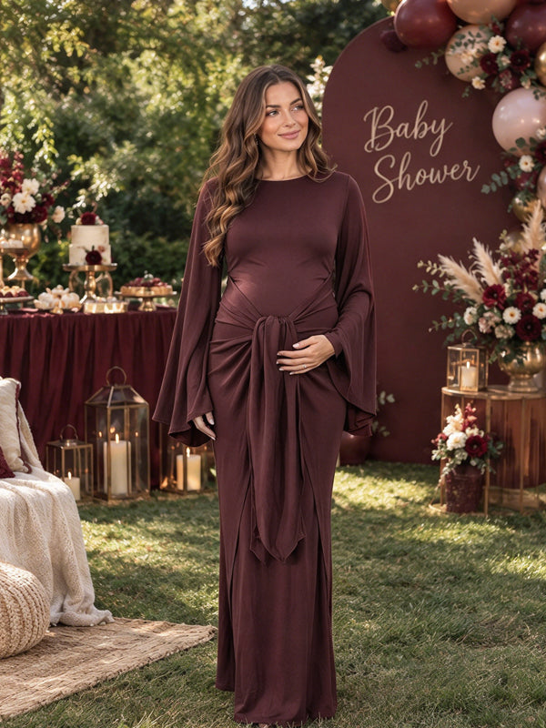 Momyknows Ruched Ribbon Lace Up Bodycon Side Slit Maternity Baby Shower Maxi Dress