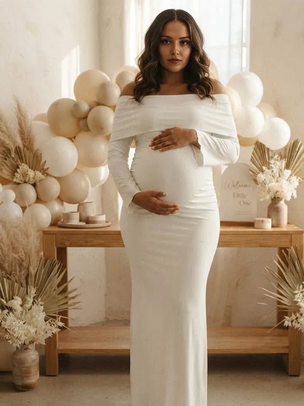 Momyknows Off Shoulder Side Slit Backless Flare Sleeve Ruched Maternity Baby Shower Maxi Dress - White - 1