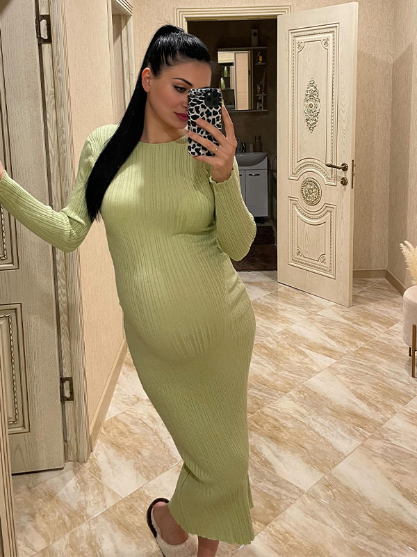 Momyknows Solid Color Long Sleeve Bodycon Daily Going Out Baby Shower Maternity Maxi Dress