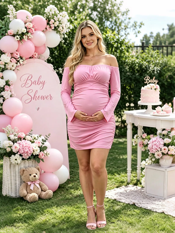 Pink Off-the-Shoulder Maternity Mini Dress with Flare Sleeves and Ruffle Details and Flattering Fit, Baby Shower