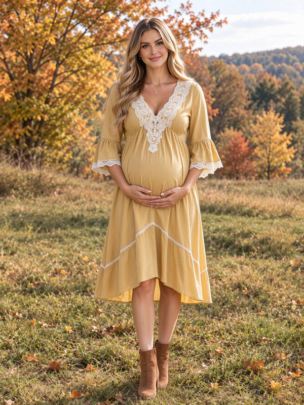 Apricot Maternity Midi Dress with Lace Paneling and Asymmetrical Hem and Relaxed Fit, Outdoor Lawn Photoshoot