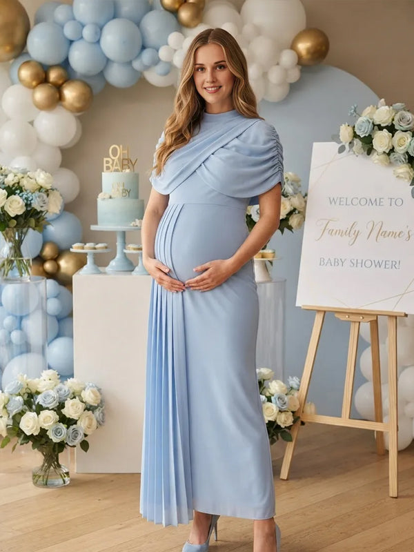 Blue Ruffle Shawl Mermaid Maternity Dress with Elegant Design, Baby Shower