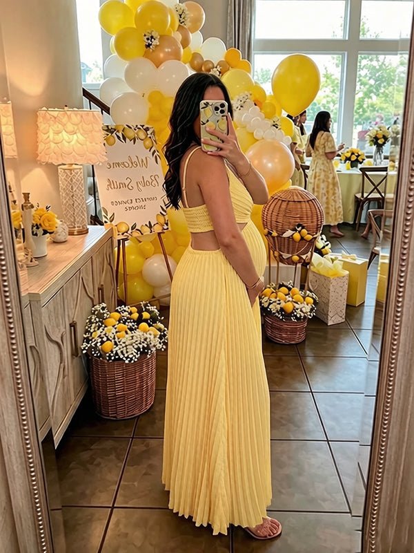 Momyknows Elegant Yellow Pleated Cut Out Big Swing Baby Shower Maternity Maxi Dress