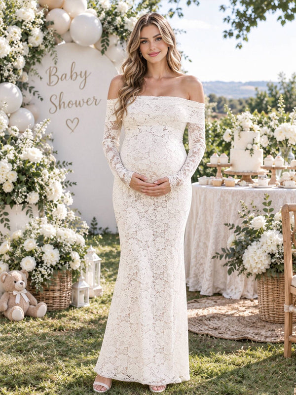 White Lace Maternity Maxi Dress with Off-the-Shoulder Neckline and Elegant Maxi Fit, Wedding Guest