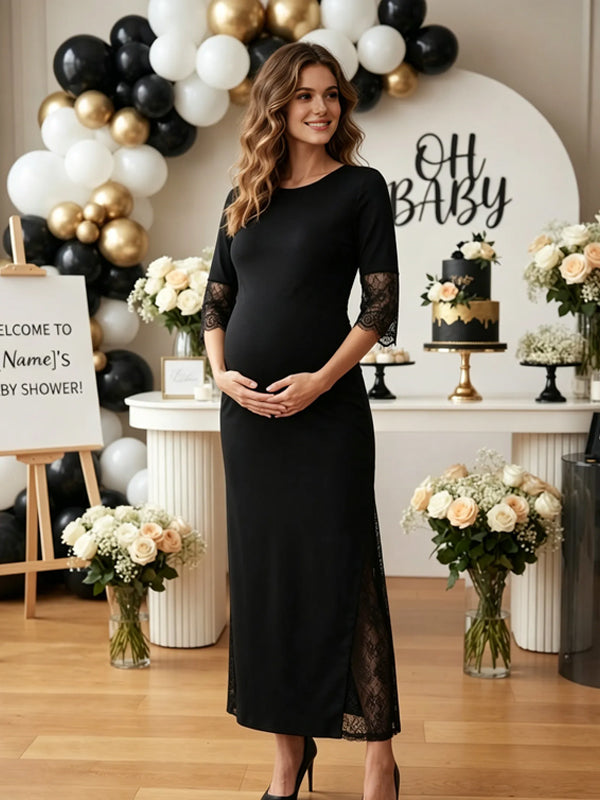 Black Maternity Dress with Lace Details and Side Slit and Elegant Fit