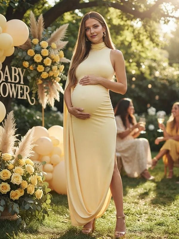 Momyknows High Neck Side Slit Ribbon Bodycon Maternity Baby Shower Maxi Dress - Yellow - 1