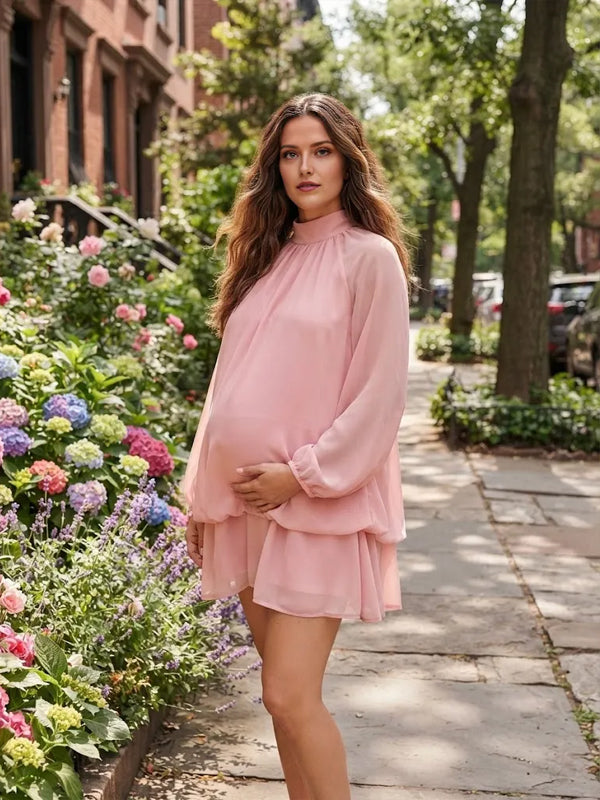 Pink Sheer Maternity Mini Dress with Ruffle Detail and Lace Up Design