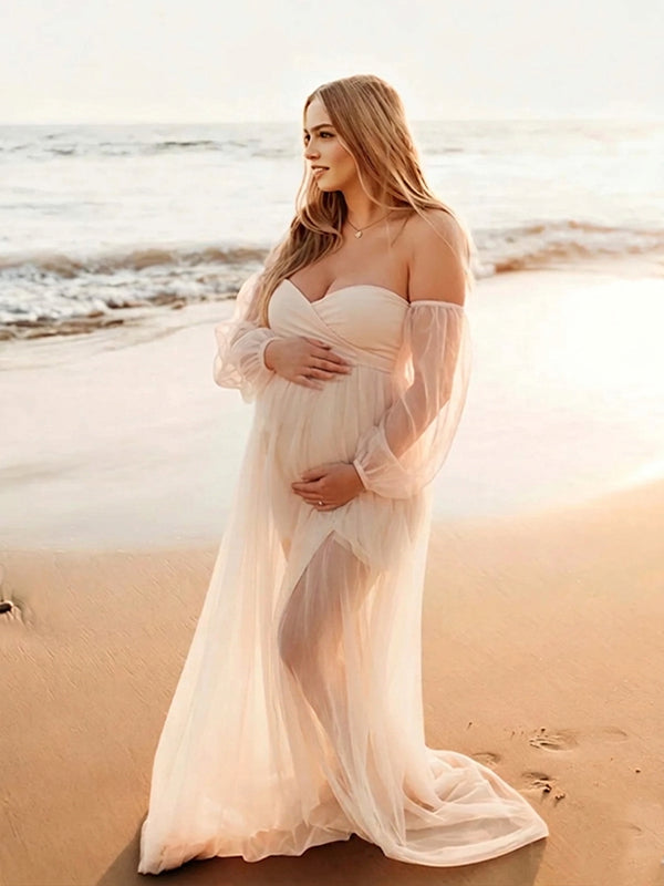 Momyknows Grenadine Elegant Vacation Bohemian Off Shoulder Photoshoot Maternity Maxi Dress