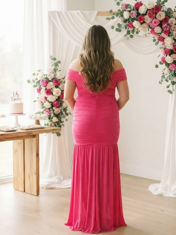 Momyknows Rose Carmine Off Shoulder Ruched Spliced Backless Maternity Baby Shower Maxi Dress - Rose Carmine - 3