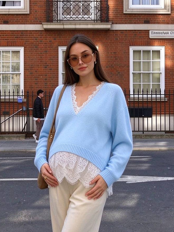 Blue Maternity Pullover Sweater with Lace Splicing and Flattering Fit, Photoshoot Occasion