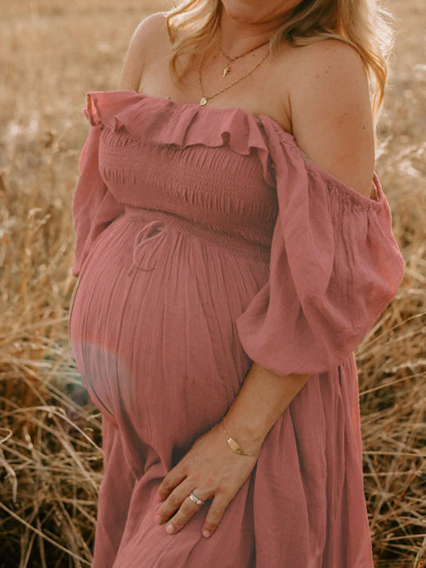 Momyknows Boho Flowy Maternity Dress - Bump Friendly Off Shoulder Pink Maxi  Dress for Photoshoots and Beach Garden Events