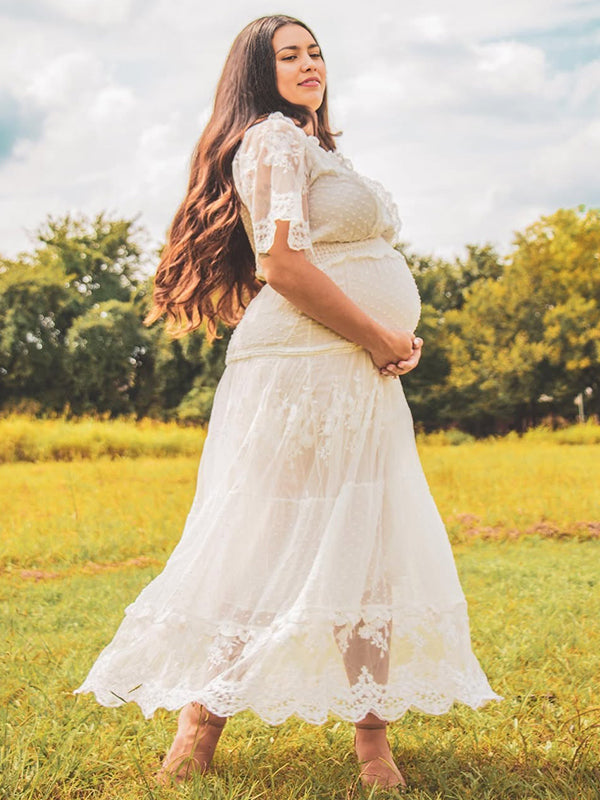 White Lace Ruffle Embroidery Boho Photoshoot Maternity Maxi Dress