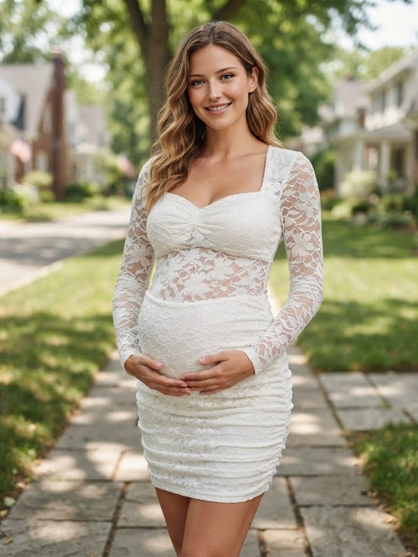 White Ruched Lace Maternity Mini Dress with Square Neck and Spliced Design