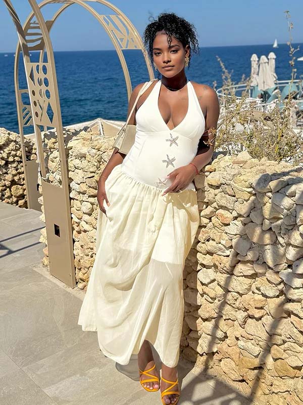 Momyknows White Starfish Hardware Big Swing Halter Neck Maternity Maxi Dress